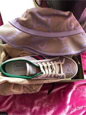 Gucci Beige & Lavender GG Canvas Bucket Hat and Sneaker Set